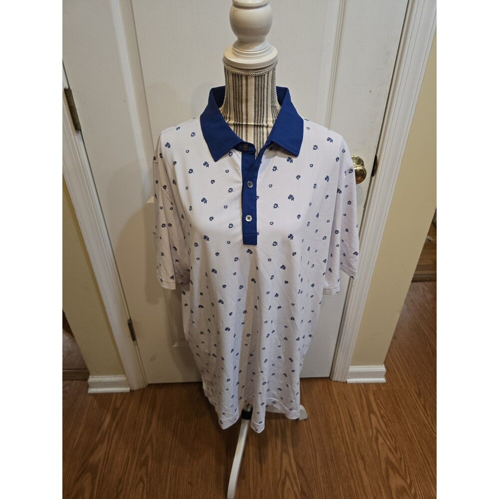 FootJoy Scattered Floral Blue/Wh Stretch Pique Self Collar Golf Polo Shirt Sz XL
